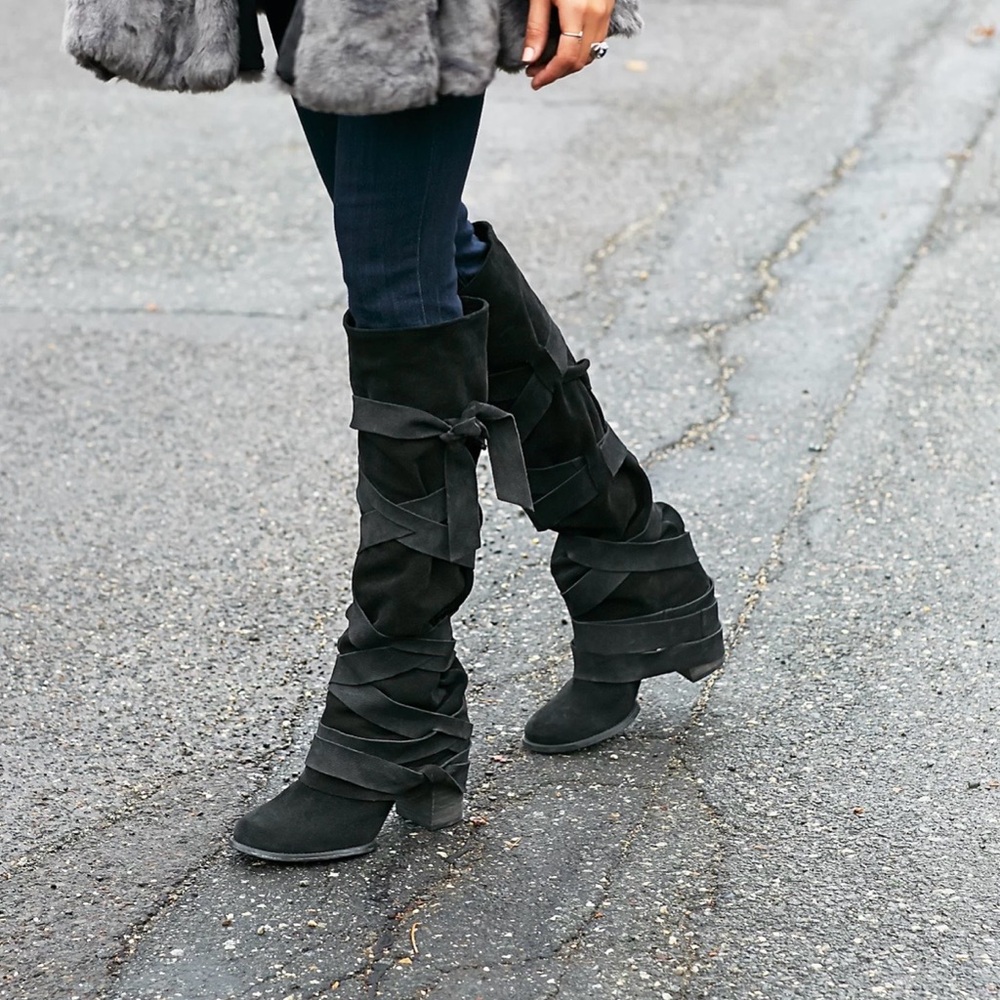 Free people Women's Paradiso  Black Suede Wrap Knee-High Boots
